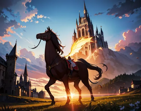 A grand medieval fantasy kingdom, majestic castles, flying dragons in the sky, powerful mage casting a glowing spell, knights on horseback, enchanted forests, ethereal lighting, ultra-detailed, high-fantasy epic scenery, cinematic and immersive, 8K resolut...