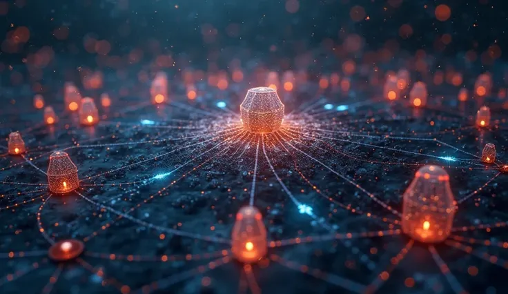 "A close-up view of a neural network or machine learning algorithm visualized as interconnected nodes and data paths on a dark, futuristic background."