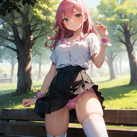 A sweet, modest and shy 18 year old girl with long pink hair down to her waist stands timid and embarrassed in the middle of the park. She is wearing a white blouse, through which a cute pink bra is visible. She is wearing a black skirt, under which cute p...