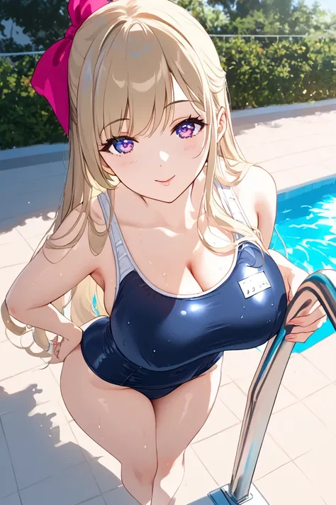 1 girl　high resolution, Highest quality, school swimsuit　big breasts,  　 pool　 ribbon hair accessory　high angle　 Chest Valley　 long hair　20 years old