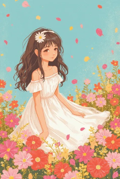 A cartoon illustration of a 18 years of age girl wearing a white dress ,laying in a field of flowers has petals rain from the sky. This is a poetry book cover. The title is :head full of flowers. The author is :savage_tommie. Make it super aesthetically pl...