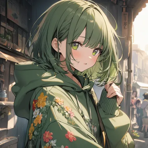 1 girl,  straight 、cute、Bob、 Hair, deep green hoodie、Flower-filled embroidery