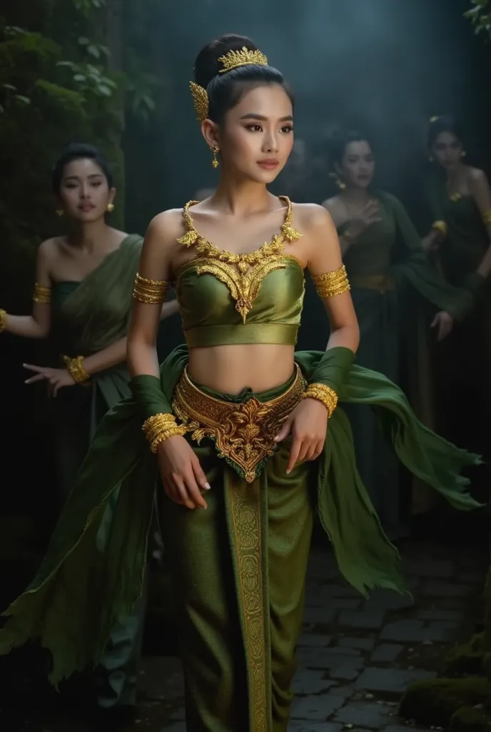 High-resolution image of a beautiful young Thai woman with beautiful eyes, wearing an ancient Thai dress, showing a scared expression, running away quickly from a group of zombies. Many are chasing behind the scenes in an ancient Thai abandoned temple. Bat...