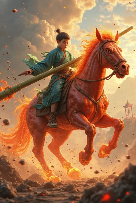 The boy rode a fire-breathing iron horse, wielding a giant magical bamboo in his hand, fighting on the vast battlefield. The Yin invaders fled in chaos. The scene was vivid and realistic, full of strength and power.