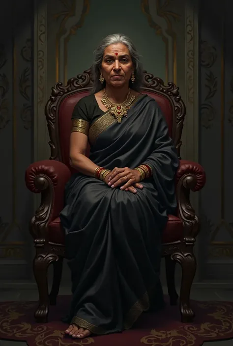  Indian matriarch sitting at her room wearing dark saree looking strict.Dark.Not too old aged around 40 young