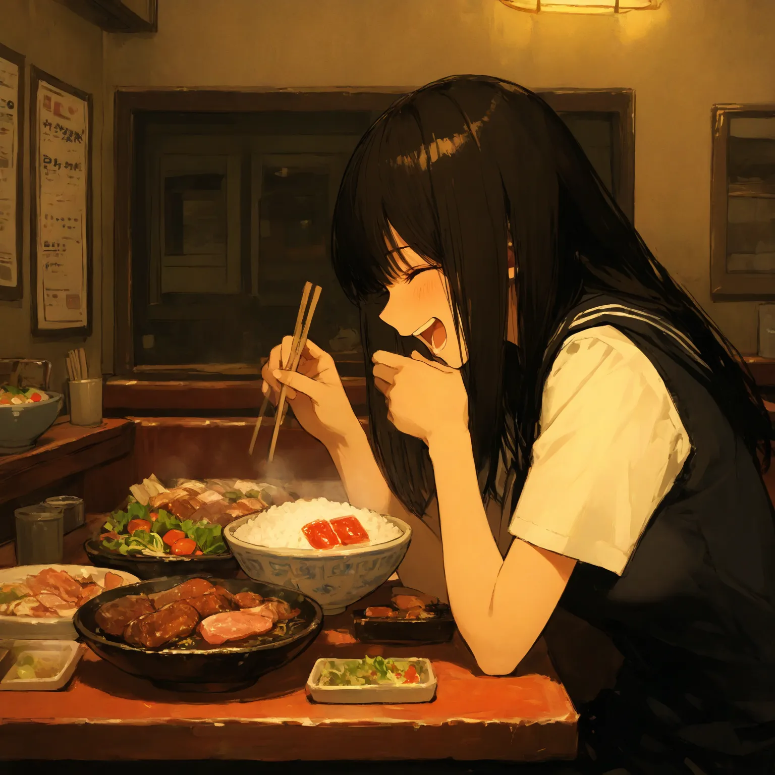      laughing while sitting ,      medium breasts  ,     school uniform,
I&#39;certainly,Food,   alone, bowl, holding chopsticks, rice,   table, meat, dish,  indoors,      sitting,     restaurant  , vege  table,      eats, salad,
  from side,      upper bo...