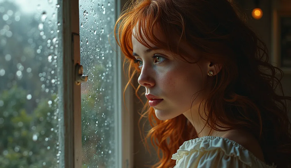 Girl with long curly hair listening to music while watching rain through window