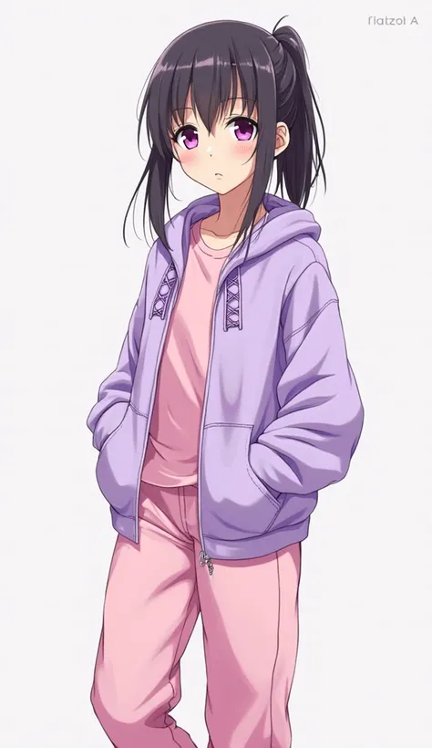 Japanese anime adolescent woman with medium long straight black hair with a ponytail and intense magenta eyes and wears a light purple hoodie with purple laces , a pink t-shirt underneath and loose pink pants and is wearing white shoes in shades of pink an...