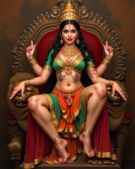 A beautiful fair skin girl wearing saree, deep neck bridal blouse, panty visible, navel ring, tattoo on thighs, bindi, sindoor, bangles, anklets, chunari on head, sitting on a lion head throne, open legs