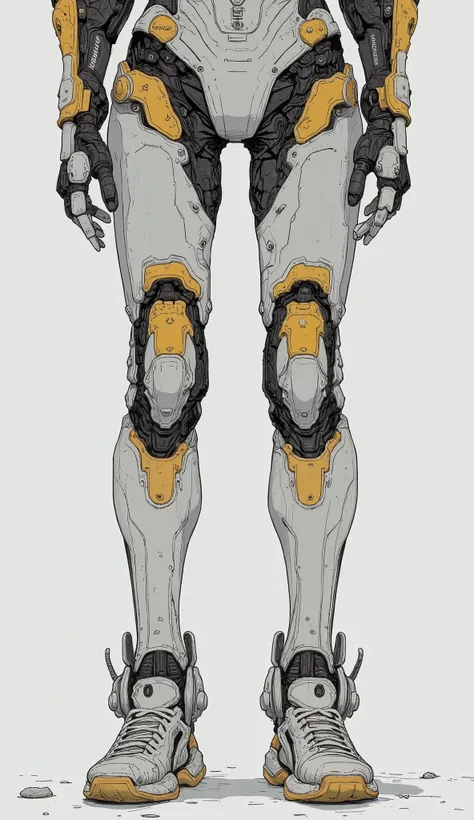 Close up of the legs of a robot wearing a white and yellow suit, Mecha limbs,  Cybernetic Hands and Feet , Thick warframe legs, Thick, Smooth Warframe Legs,  Mechanical Hands , Cybernetic leg ,  Cyborg Tech Body and Legs  ,Hi-tech sneaker silhouette、 Evang...