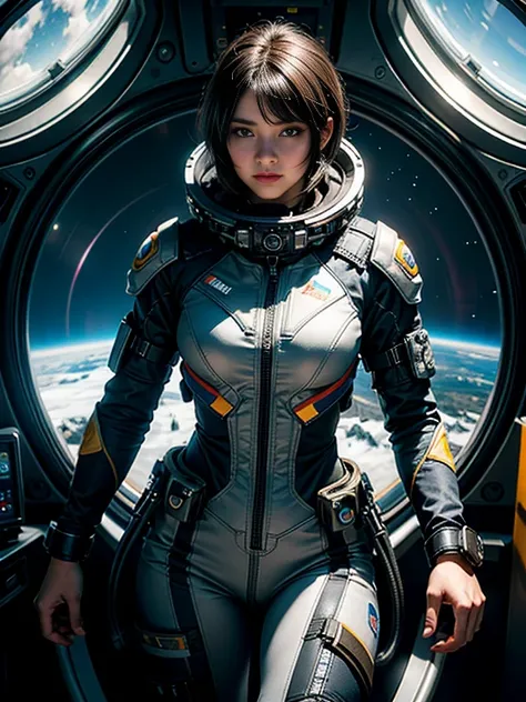  Masterpiece , 8 k, Highly detailed, photorealistic, epic picture, Very high resolution, complex details,  Futuristic , View from space,  woman  (short dark hair,  sophisticated suit , lots of pockets , bright multicolored chevrons)pilots a single-seat spa...