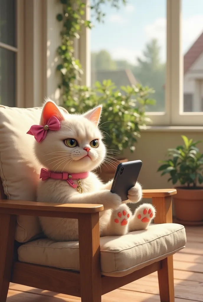 A realistic cat with a soft and well-groomed coat, with expressive eyes and a delicate charm. She is wearing a pink bow attached to her ear and an elegant pink collar around her neck. The cat is sitting comfortably in a wooden area chair with soft cushions...