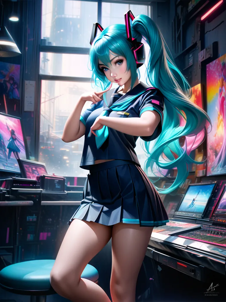 Hatsune Miku is wearing a navy blue sailor uniform with a short navy blue skirt, and is spreading her legs in an M shape to show off her pure white underwear.