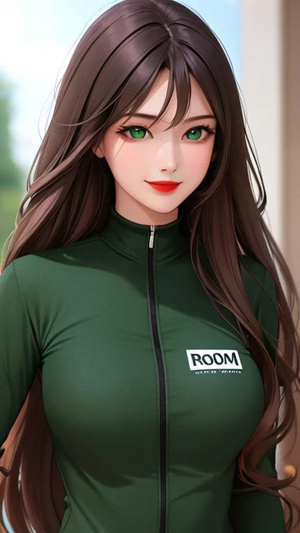 woman , long hair brown, normal, dark, she is solo, from alternative world ,best quality, realistic, cycling (full dark green color) suit and cycling sports black shorts, she is stand , smile, red lipstick , 