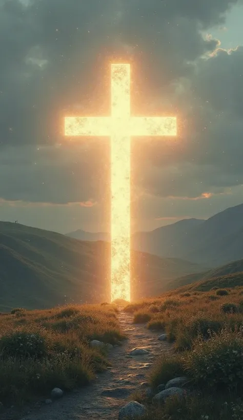 A glowing cross over a peaceful landscape.