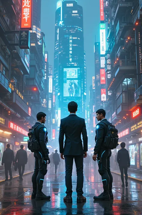 Futuristic cyberpunk city with people walking around and humanoid robots walking around with two future cops dealing with a criminal and medium build male with short black hair wearing black suit with blue neon with neon holograms 