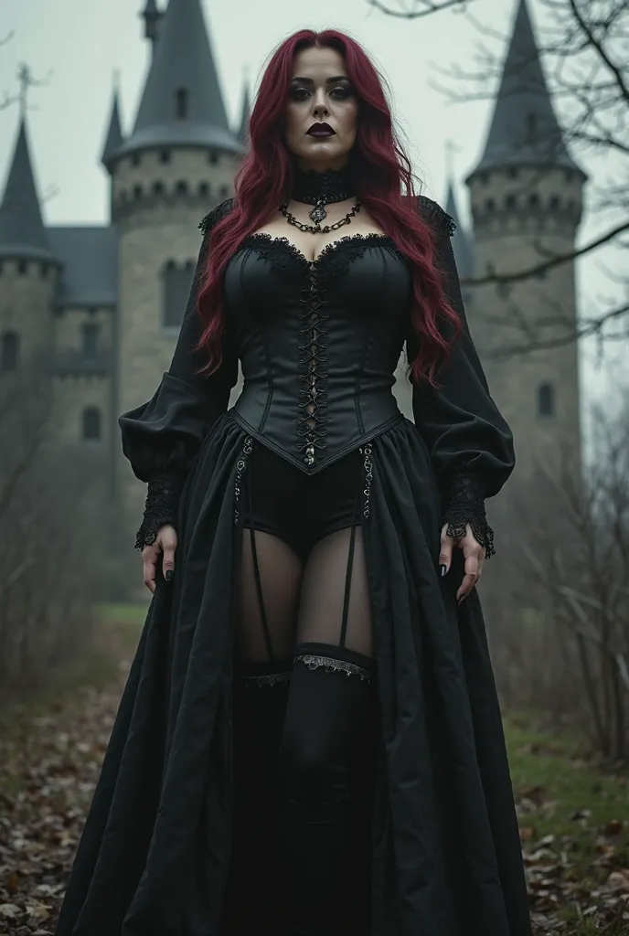 tall bbw woman, vampire, goth makeup, traditional romanian clothing, black gothic corset, burgundy hair, brown eyes, black glasses, black choker, black nails, black winged eyeliner, eyeshadow, black lipstick, round face, sexy smile, thick, busty, wide hips...