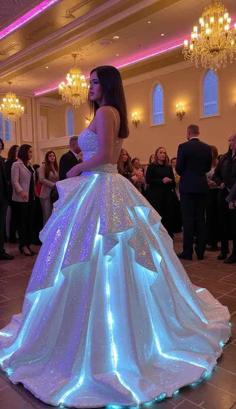 "Illustrate faceRUBI in a futuristic 1950s-inspired ballroom, wearing an elaborate gown with metallic and glowing accents. The gown has flowing layers with holographic patterns and a glowing train. She is dancing gracefully, with the lights reflecting off ...