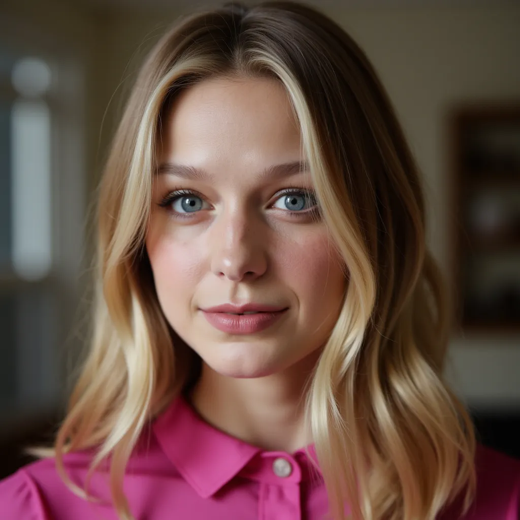 cinematographic photo Half-length portrait of a   ((Young)) in your 25 years with perfect skin. 35mm Photography, film ,  Bokeh effect,  Professional, 4K,  highly detailed, (( Melissa Benoist))  blond hair,  blue eyes, pink blouse, NY apartment scene