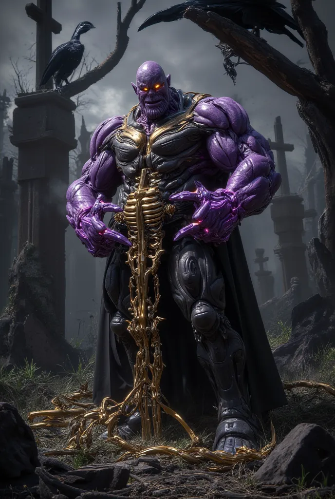 Thanos is angry and carrying golden skeleton in his hands at graveard at night 