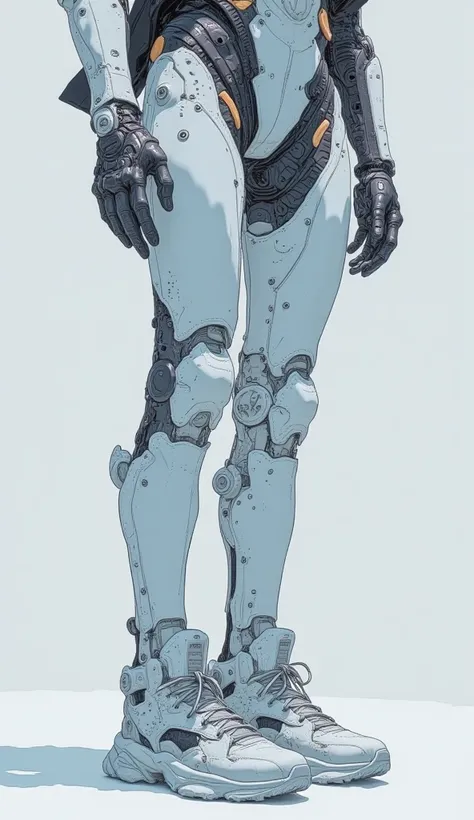 白色と水色のスーツを着たロボット脚部のクローズアップ, A close-up of a robot leg in a white and light blue suit that looks like a cutting-edge prosthetic leg,  Cybernetic Hands and Feet , Thick warframe legs, Thick, Smooth Warframe Legs,  Mechanical Hands , Cybernetic leg ,  Cyborg ...