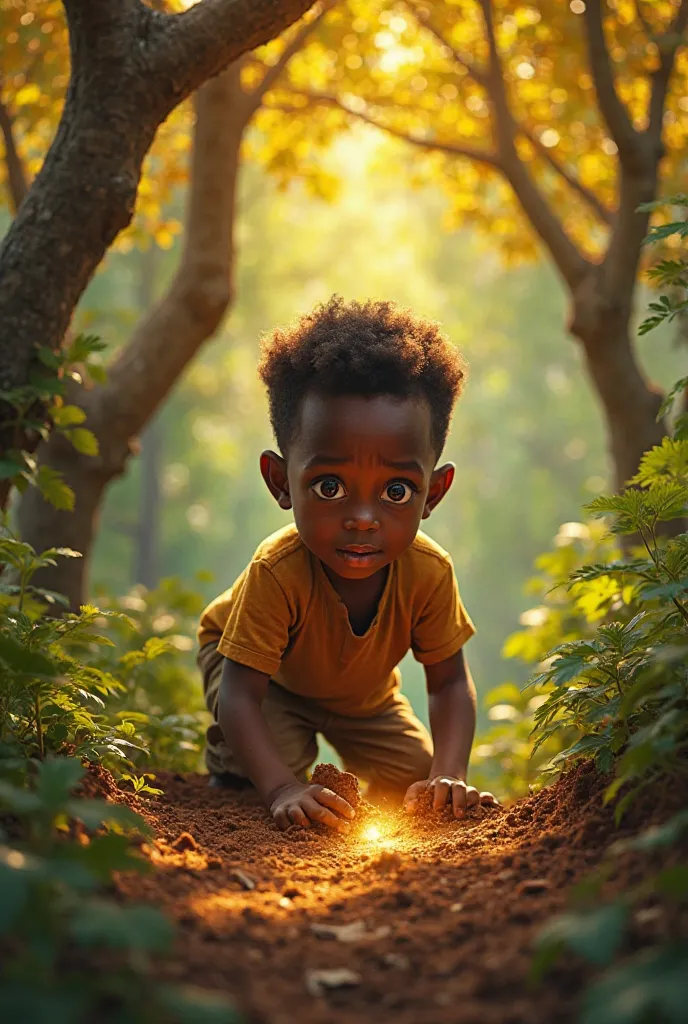 Un petit garçon africain qui découvre un trésor après avoir creusé sous un arbre de feuillage jaune dans une forêt.