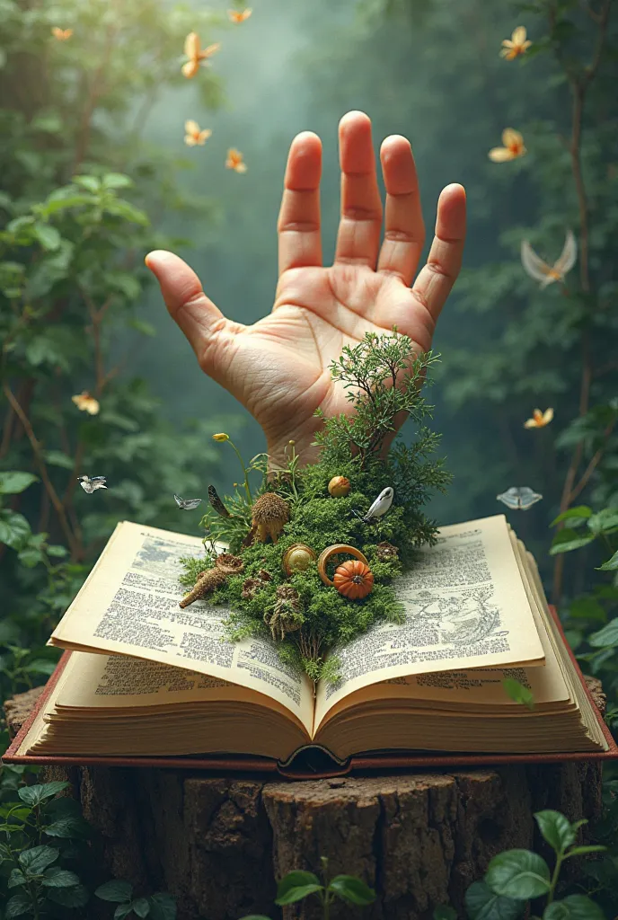 Draw a poster making with the theme of ecocriticism. Ecocriticism is criticizing the nature/environmental issues through literature. Now I want you to draw a a hand and there's an open book at the top of the hand (which represents literature)and the. put n...