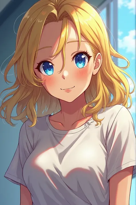 boku no hero academia, 18 year old girl with wavy blonde hair, bright blue eyes, light skin, wearing a shirt 