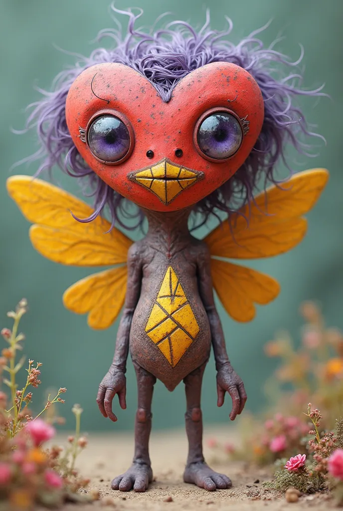 human with a head of red heart with a body of a upside down triangle, two eyes color purple and a lips that is zigzag color yellow and a pair of wings color yellow with 4 legs no hands violet hair.

