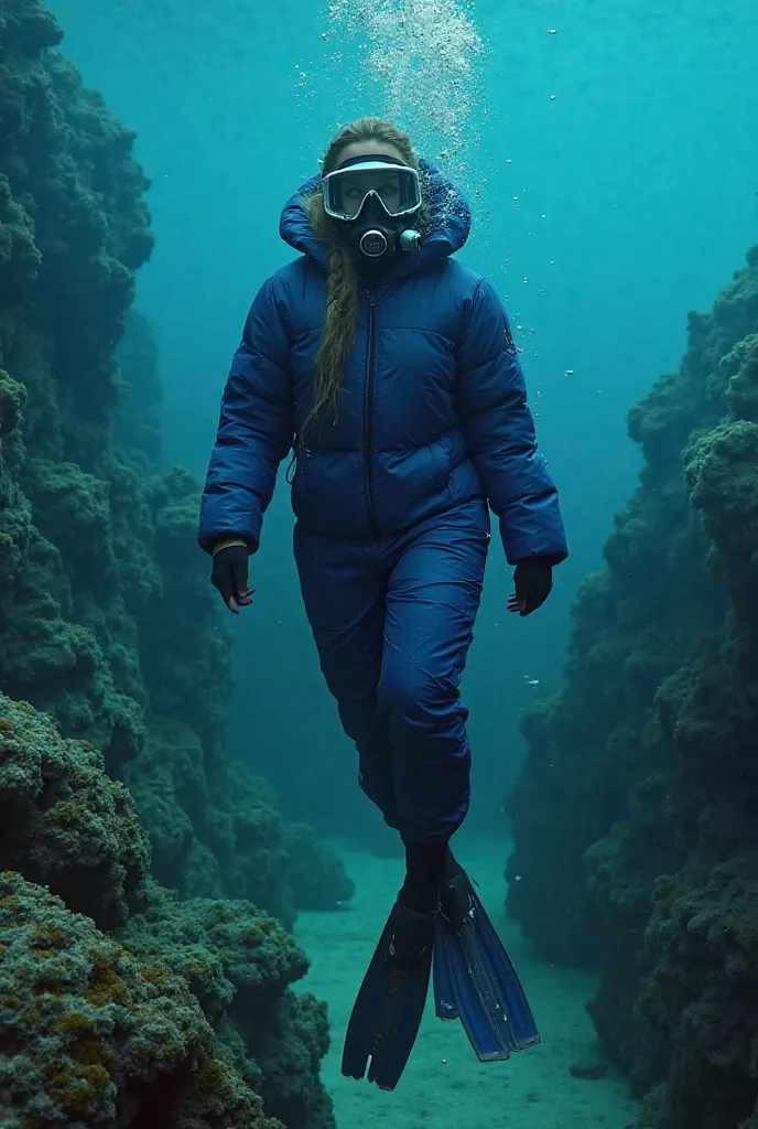 Beautiful woman swims underseas around coral rocks, gasping for air, wearing heavy padded shiny blue onepiece down suit with puffy padded hood and puffy padded mittens, fullface gasmask, shiny floating fins