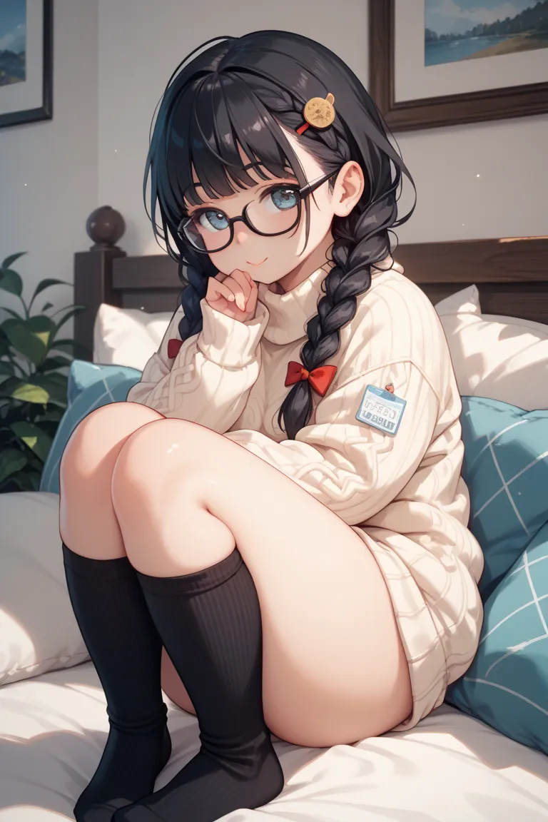 throw, black hair、 braids、Glasses、 plump、Petite、cute、sitting、knees up、sweater、bottomless, bottom less,