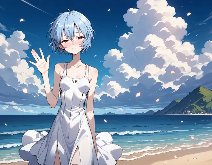 masterpiece,best quality,(toridamono style:0.9),1girl,solo,ayanami rei,happy tears,waving hand,hand up,good bye,blue sky,falling petals,closed mouth,half-closed eyes,white sundress,skinny,thin,slim,(pale skin:0.8),(shiny skin:0.9),joint blush,beach,sea,isl...