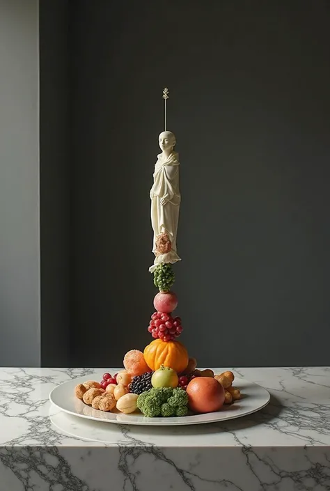 Front shot. Close shot. Food meal balance, not logic, different shapes, figure standing on a massive marble tabletop, dark gray minimalist background, left part of the image is blank