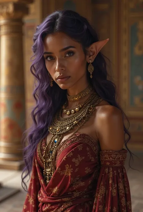 Upper body shot, North African woman, pointy elf ears, caramel skin, dark purple hair, closed mouth, ancient Greek noble attire, Greek jewelry, dynamic pose, complex fantasy character, NSFW, cinematic lighting, fantasy, magic, detailed background, in an an...