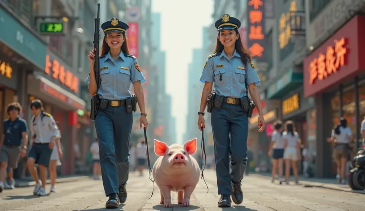 two hong kong young adult female police officers holding shotgun walking on the street with their pet pig on the dog leash, the pig is happy.
Full body shot including leg can be seen