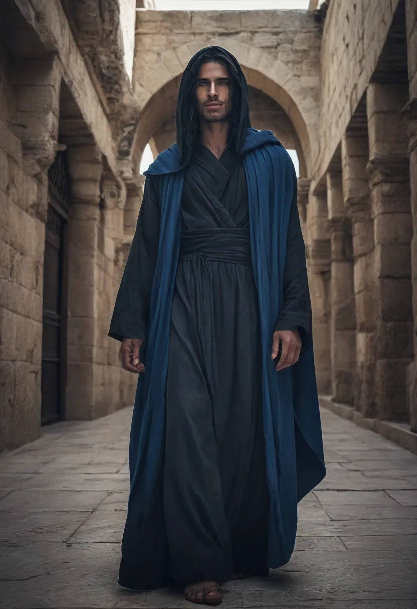 "A dark, enigmatic looking man, representing the devil in Jesus' temptation in the desert. His face is sharp and angular, with high cheekbones and a well-defined jaw. His eyes are deep, dark and hypnotic, conveying cunning and persuasiveness. His hair is b...