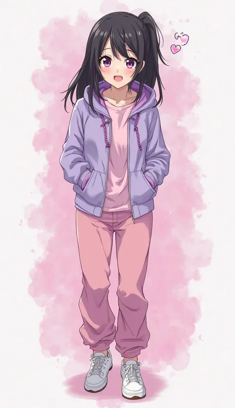 Japanese anime adolescent woman with medium long straight black hair with a ponytail and intense magenta eyes and wears a light purple hoodie with purple laces , a pink t-shirt underneath and loose pink pants and is wearing white shoes in shades of pink an...