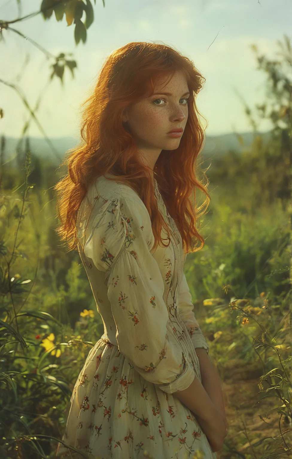 A young peasant woman ,  red hair,  freckles, skinny, full length,  barefoot, without shoes,  photorealistic 