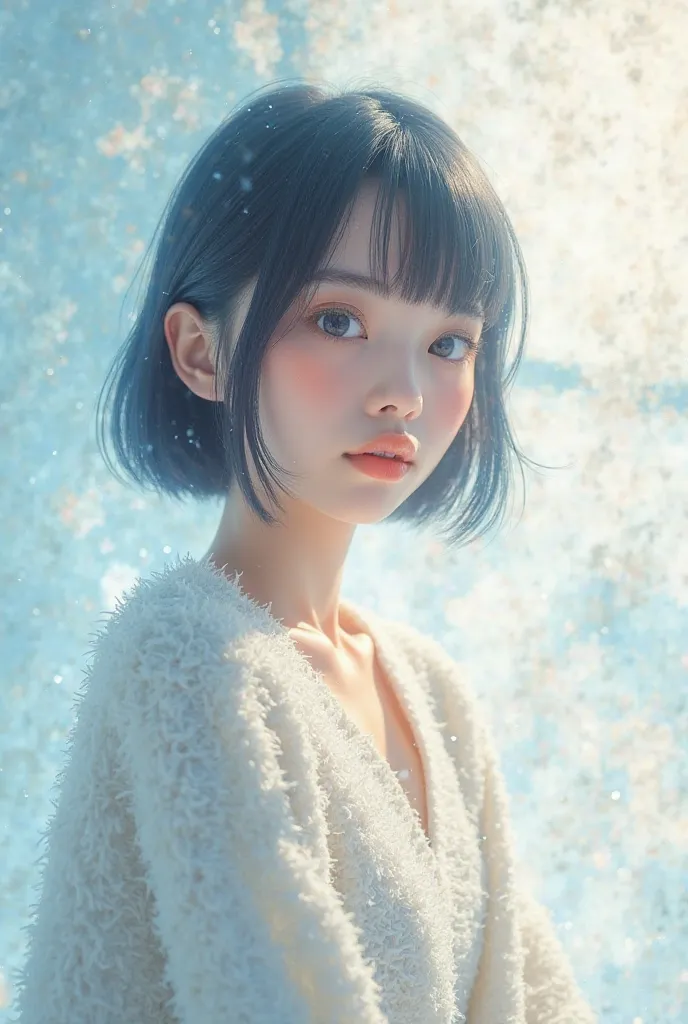 Please make a beautiful illustration of a beautiful Japanese woman sculpture made of transparent glass material.

The important point is that it is made of glass! She is wearing a straight bob with a chin line and a fluffy and soft sweater with a V-neck. T...