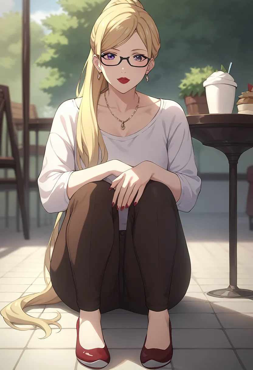 Bishamon, solo, mature, blonde hair, long hair, ponytail, violet eyes, lipstick, pale skin, black glasses, red long sleek, brown pants, red shoes, necklace, earring, natural expression, sitting on the chair, front view, long medium shot, cozy theme, cafe s...