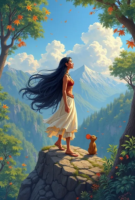  créer une image réaliste du personnage Disney Pocahontas, corps entier, Mettre des vêtements et des accessoires,  elle doit se tenir debout avec ses cheveux volant au vent en regardant la forêt depuis le sommet d'un rocher au sommet d'une montagne,  la po...