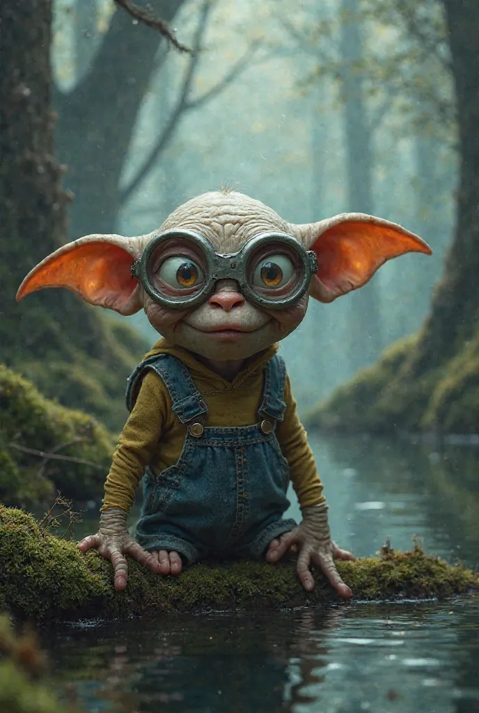 Create a dobby out of the Lord of the Rings , who turned into a minion . He's sitting near a lake in a dark forest 