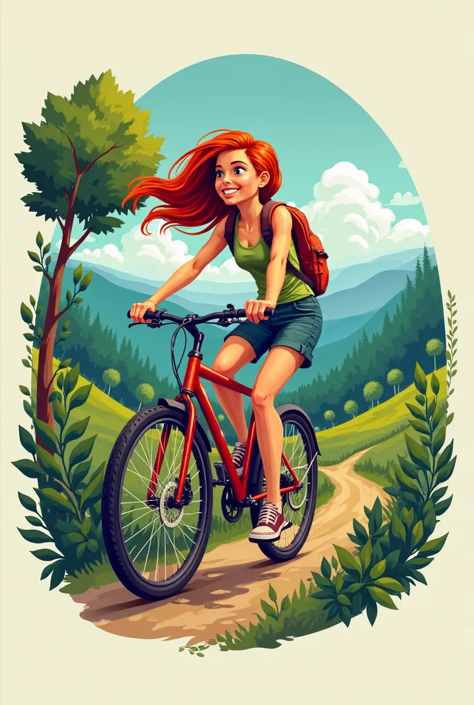 I want to create a bike shop logo. Let there be a girl riding a bicycle in it. let the girl have red hair let a girl ride a bicycle in. get an interesting nature fund.