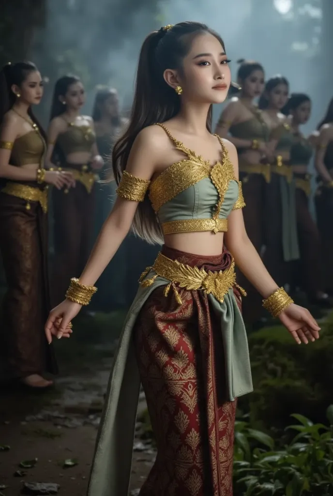 High-resolution image of a beautiful young Thai woman with beautiful eyes, wearing an ancient Thai dress, showing a scared expression, running away quickly from a group of zombies. Many are chasing behind the scenes in an ancient Thai abandoned temple. Bat...