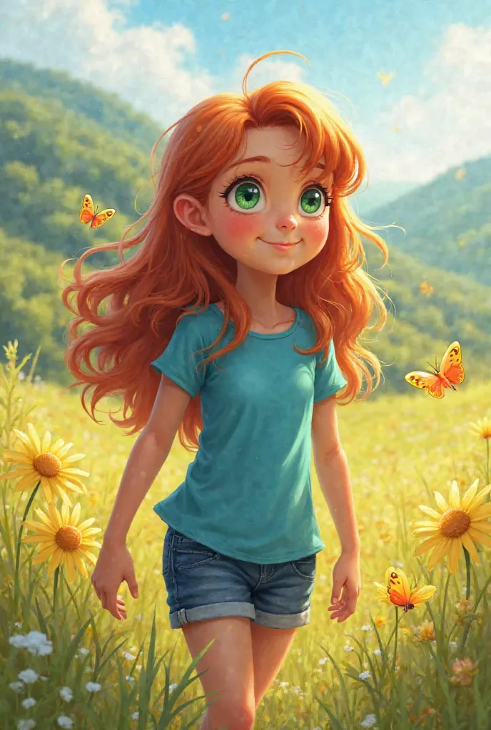 A young girl with sparkling green eyes and long, wavy red hair stands in a sunlit meadow. She wears a bright blue short-sleeved shirt and denim shorts. Her eyes are full of wonder as she looks at the distant hills. The scene is warm and vibrant, with butte...