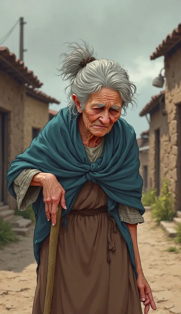 "An elderly woman with wild gray hair tied in a loose bun, wearing a faded blue shawl and a worn brown dress, standing hunched in a small town street with earthy brown houses and a gray sky. Her wrinkled face scrunches up in pain, eyes half-closed, as she ...