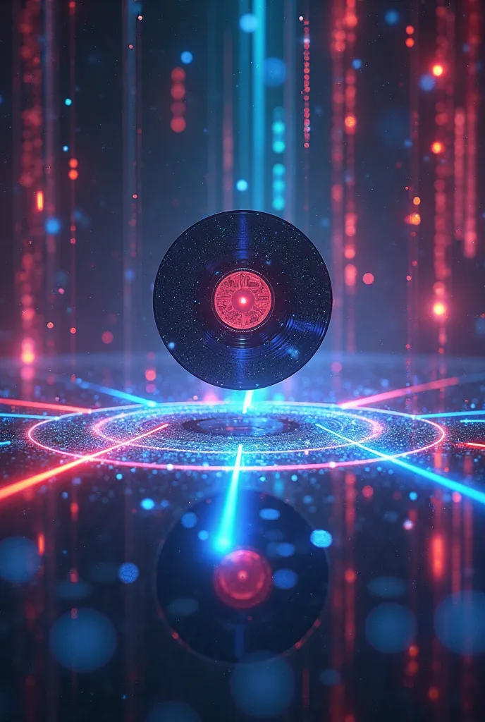 A glowing vinyl record spinning in mid-air, with laser beams shooting from the grooves, creating a vibrant light show