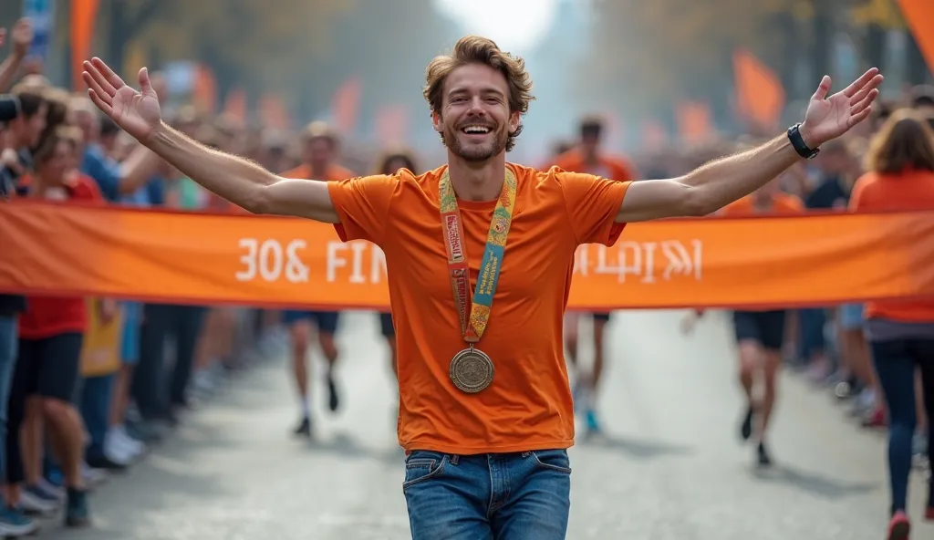 A triumphant young man with brown hair, wearing an orange t-shirt, blue jeans, and brown shoes, crossing a marathon finish line with arms raised. A medal is placed around his neck as he smiles beamingly, surrounded by cheering crowds.