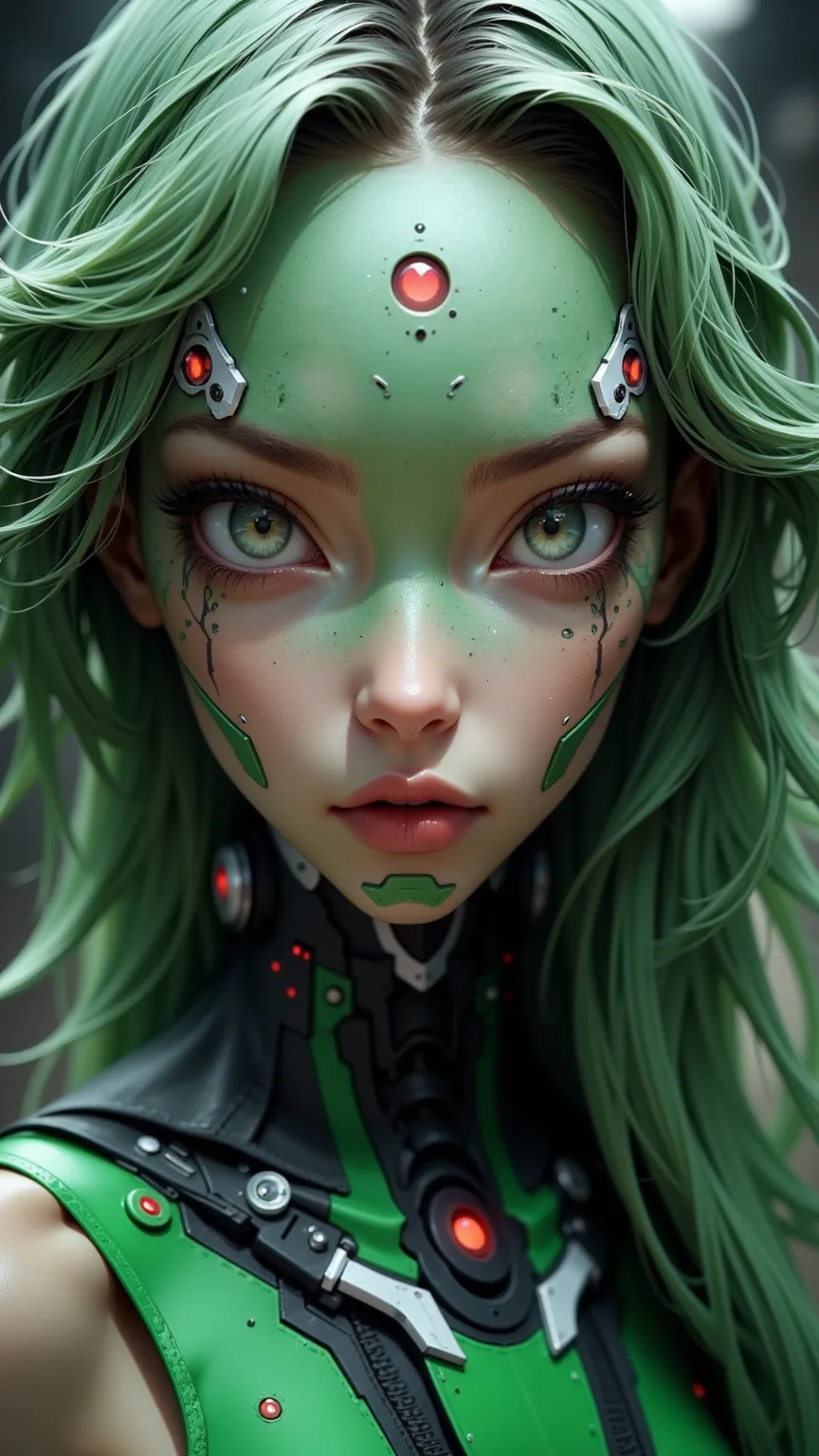 masterpiece，Quality Best，high quality，Very Beautiful，absurd， latest，8k，depth of field，Focus theme ，A close-up portrait of an alien woman，Her striking feature is the blending of the elegant and subtle mechanical elements of alien aliens。Her skin is smooth，e...