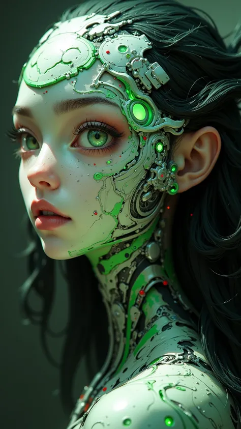 masterpiece，Quality Best，high quality，Very Beautiful，absurd， latest，8k，depth of field，Focus theme ，A close-up portrait of an alien woman，Her striking feature is the blending of the elegant and subtle mechanical elements of alien aliens。Her skin is smooth，e...